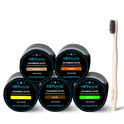 HeySmile Platinum Pack – 5 Pots de Charbon + 2 Brosses Bambou Gratuite